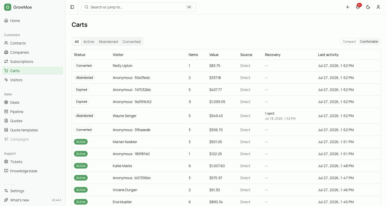 The carts list showing live, abandoned, converted and expired cart sessions with visitor, item count, value and recovery status.